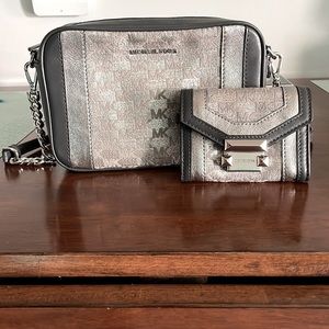 Michael Kors Gray and Silver logo bag and wallet with silver chain.